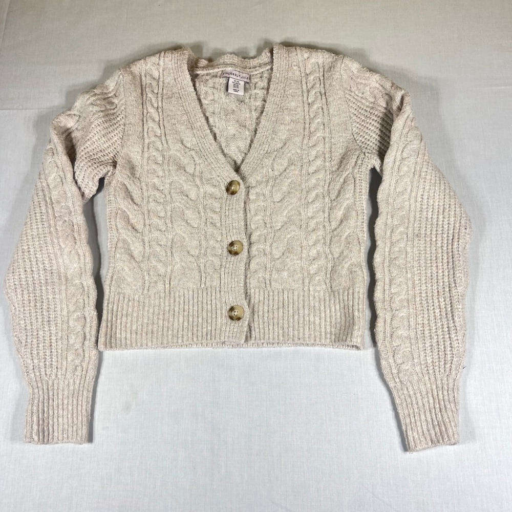 Sincerely Jules Womens Cable Knit Crdg Oatmeal Beige Cropped V-Neck Sweater XS